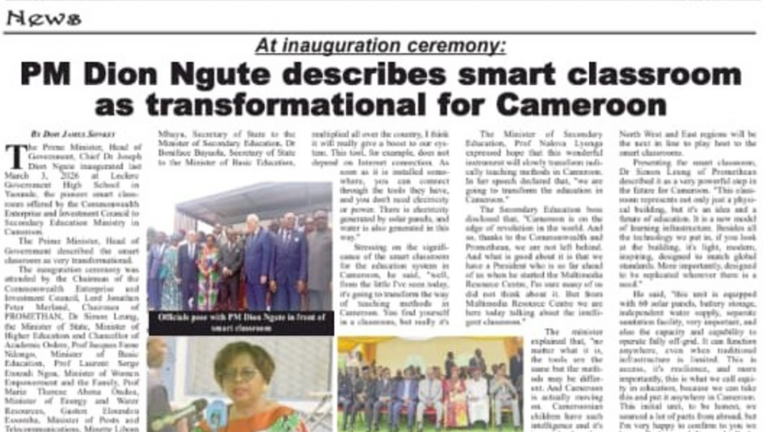 Prime Minister Dion Ngute Hails Smart Classroom Initiative as Transformational for Cameroon